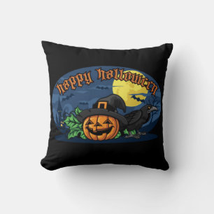 Cojín Decorativo Feliz Halloween Calabaza y Cuervo
