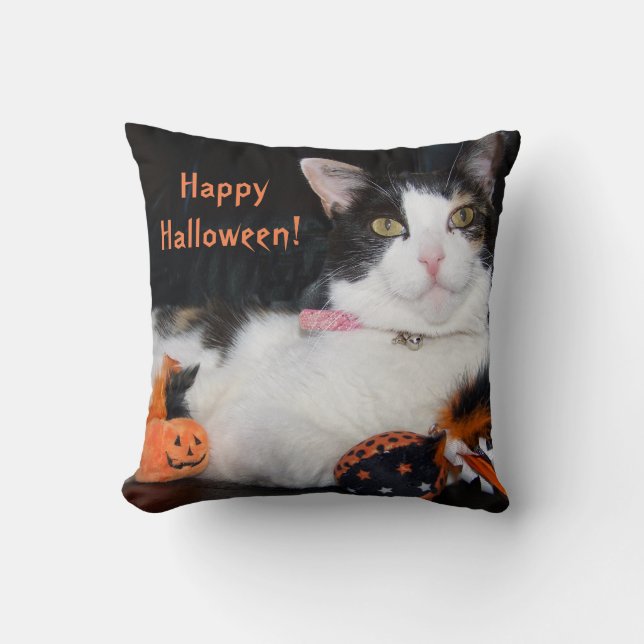 Cojín Decorativo Feliz Halloween Calico Cat con calabaza (Anverso)