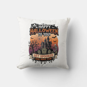 Cojín Decorativo Feliz Halloween Casa Embrujada Esqueleto Murciélag