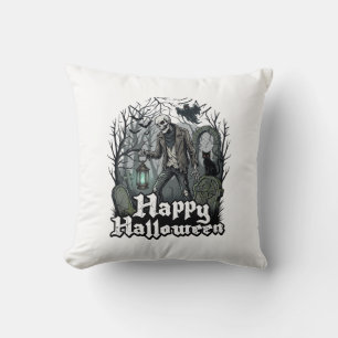 Cojín Decorativo Feliz Halloween Esqueleto Linterna Gato Negro Grav