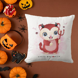Cojín Decorativo Feliz Halloween Gatito Lindo Diablo Araña Murciéla