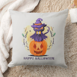 Cojín Decorativo Feliz Halloween - Gato negro de brujas