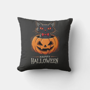 Cojín Decorativo Feliz Halloween Gato Negro Diseño de Calabaza_1