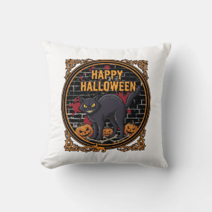 Cojín Decorativo Feliz Halloween Gatos Negros Calabazas Huesos_1