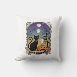 Cojín Decorativo Feliz Halloween Gatos Negros Fantasmas Calabazas_1