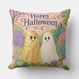 Cojín Decorativo Feliz Halloween Jardín de Flores Fantasma Lindo