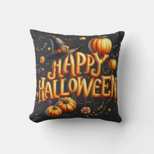 Cojín Decorativo Feliz Halloween Letras de Globos de Naranja Calaba
