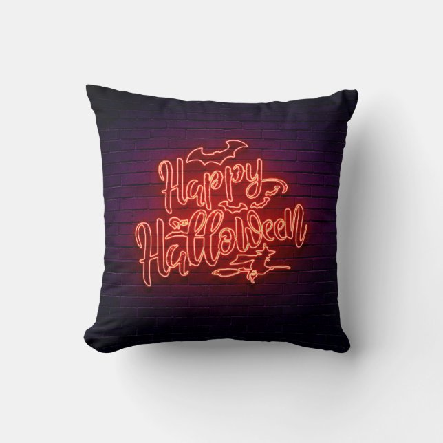Cojín Decorativo Feliz Halloween Neon Look Witch Bat Brick Fiesta (Anverso)