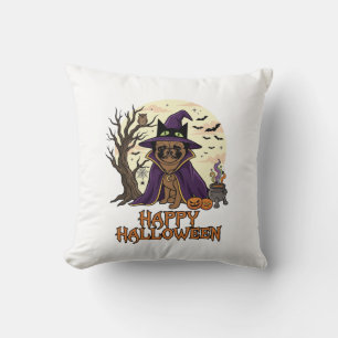 Cojín Decorativo Feliz Halloween Pug Sombrero de Bruja Caldero Cala