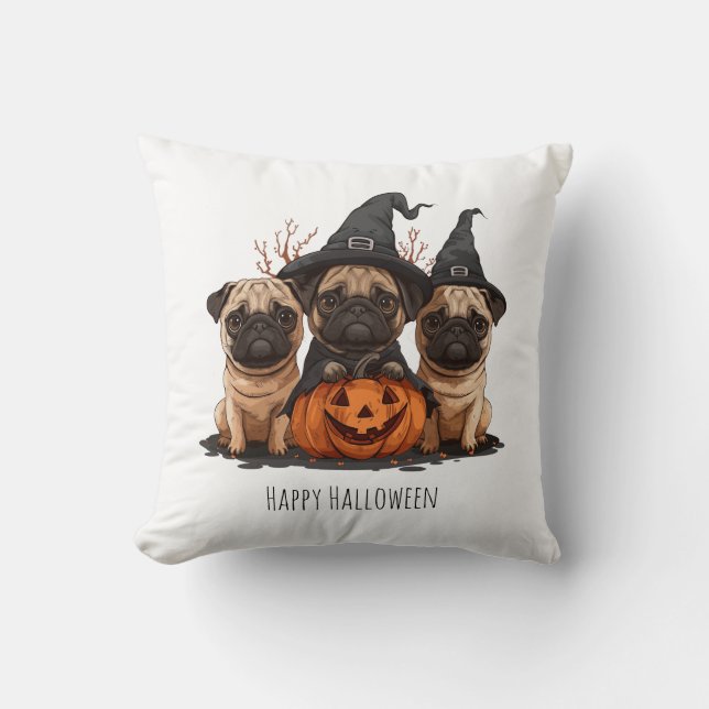 Cojín Decorativo Feliz Halloween Pugs Jack O Lanterns (Anverso)
