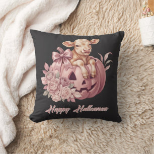 Cojín Decorativo Feliz Halloween Ternera Bebé en Calabaza Rosa