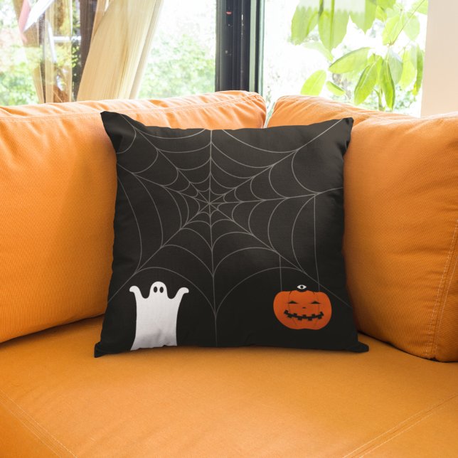 Cojín Decorativo Feliz Halloween | Web de araña fantasma y calabaza (Subido por el creador)