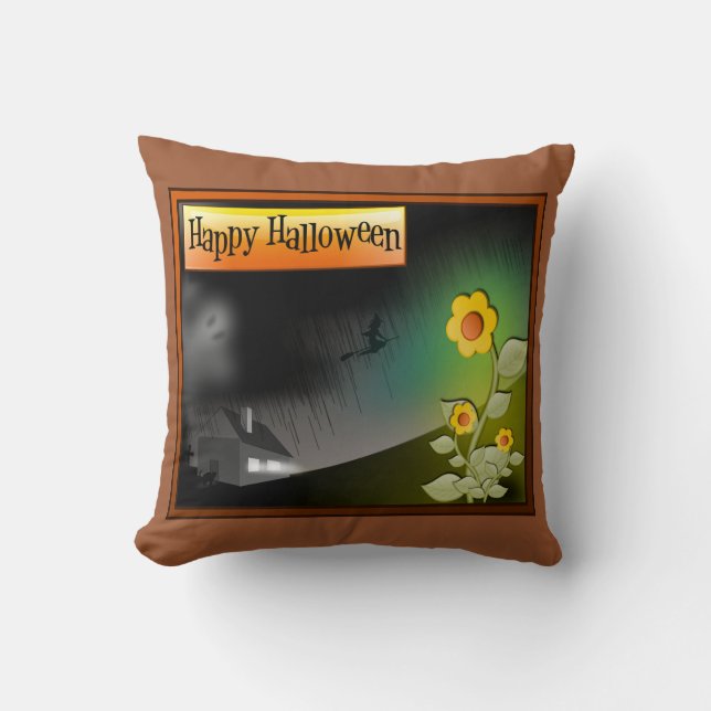 Cojín Decorativo Feliz Halloween y Flores - (Anverso)