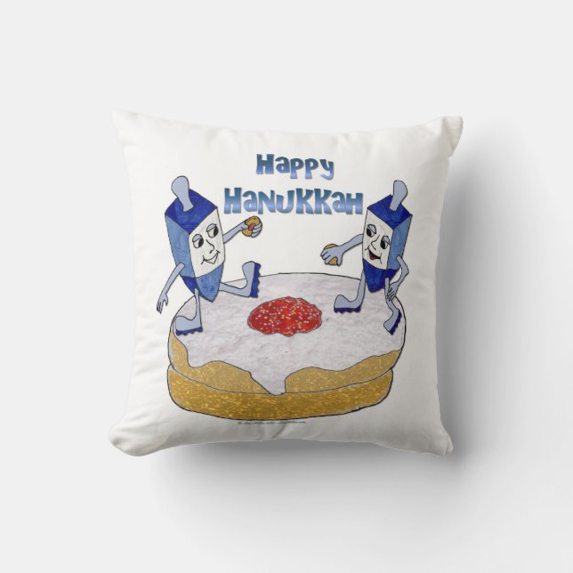 Cojín Decorativo Feliz Hanukkah Dancing Dreidels Jelly Doughnut (Anverso)