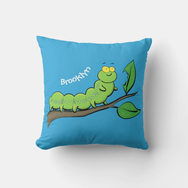 Cojín Decorativo Feliz ilustracion personalizado de oruga verde (Anverso)
