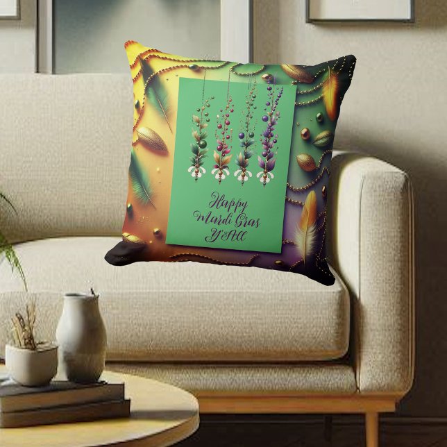 Cojín Decorativo Feliz Mardi Gras Y'All Cita Bolas de plumas Golden (Happy Mardi Gras Y'All Quote Feather Beads Golden Throw Pillow)