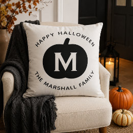 Cojín Decorativo Feliz Monograma de la Familia de Calabaza Negra de