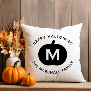 Cojín Decorativo Feliz Monograma de la Familia de Calabaza Negra de