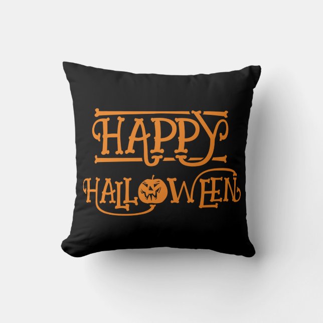 Cojín Decorativo Feliz Naranja de Halloween negro (Anverso)