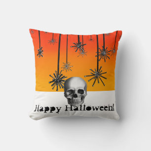 Cojín Decorativo Feliz naranja de Halloween sombrío con el cráneo