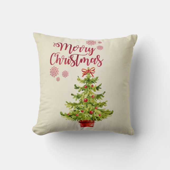 Cojín Decorativo Feliz Navidad, Árbol de navidad acuarela (Anverso)
