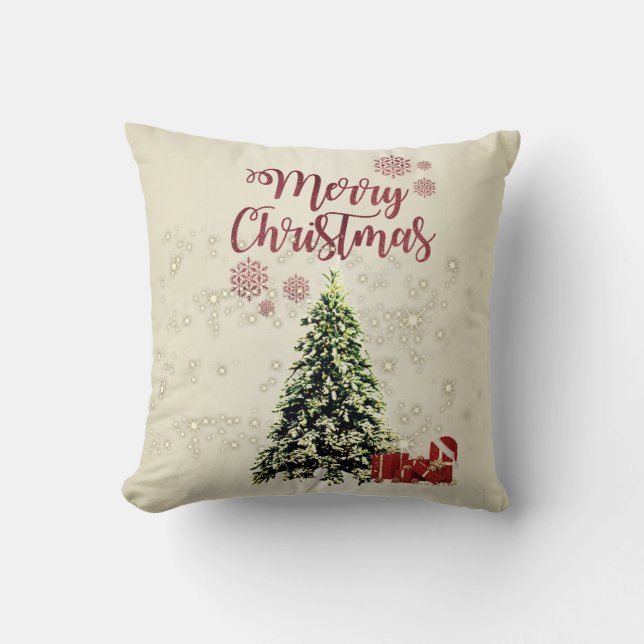 Cojín Decorativo Feliz Navidad, árboles de Navidad, regalos (Anverso)