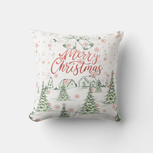Cojín Decorativo Feliz Navidad Árboles de nieve rojos y verdes