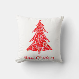 Cojín Decorativo Feliz Navidad, artístico árbol de remolinos rojos,