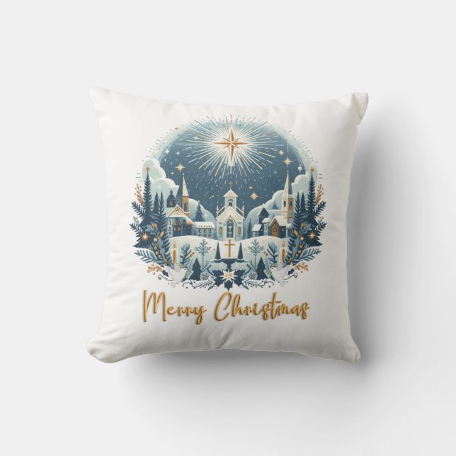 Cojín Decorativo Feliz Navidad azul y oro (Anverso)