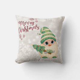 Cojín Decorativo Feliz Navidad, Bokeh Brillante, Árbol de Pino Gnom