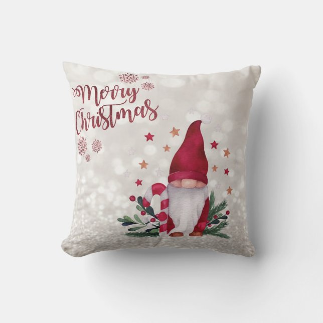 Cojín Decorativo Feliz Navidad, Bokeh Purpurinoso, Gnome Cute (Anverso)