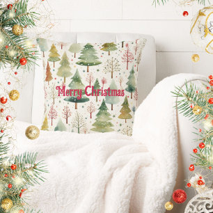Cojín Decorativo Feliz Navidad Bosque Verde Marrón Pinos