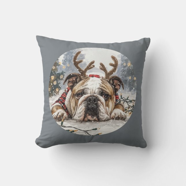 Cojín Decorativo Feliz Navidad Bulldog inglés reno (Anverso)