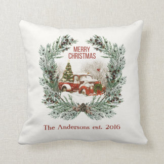 Cojín Decorativo Feliz Navidad Camión Rojo crujido Wreath personali