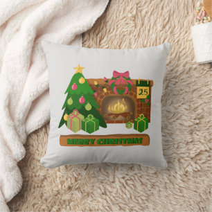 Cojín Decorativo Feliz Navidad cerca de la chimenea de fuego árbol