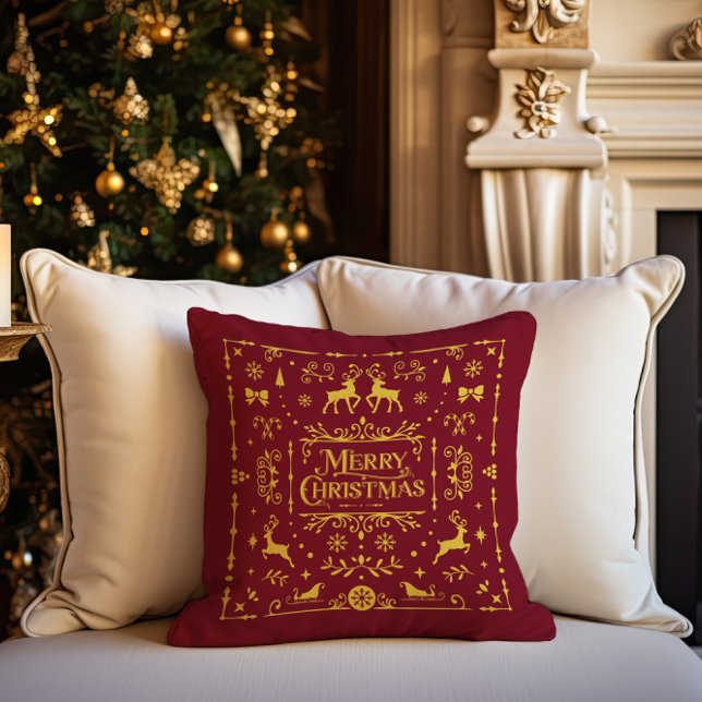 Cojín Decorativo Feliz Navidad Clásica Festividad Roja Nórdica (Merry Christmas Classic Nordic Red Holiday Throw Pillow)