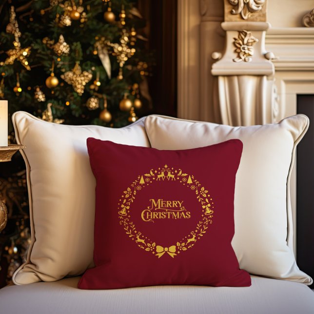 Cojín Decorativo Feliz Navidad Clásica Festividad Roja Nórdica (Merry Christmas Classic Nordic Red Holiday Throw Pillow)
