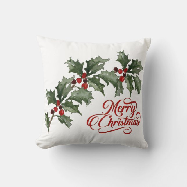 Cojín Decorativo Feliz Navidad con la rama verde con Berries (Anverso)