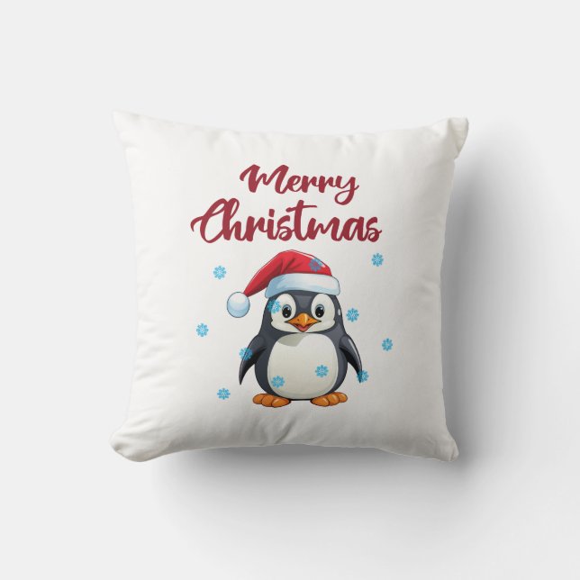 Cojín Decorativo "Feliz Navidad" con pingüino lindo (Anverso)