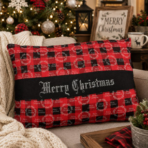 Cojín Decorativo Feliz Navidad con Plaid de Búfalo Rústico