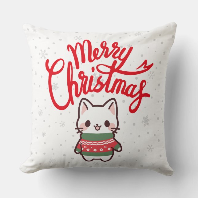 Cojín Decorativo Feliz Navidad con un lindo gatito (Anverso)