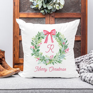 Cojín Decorativo Feliz Navidad Corona de Navidad y Lazo Rojo en A