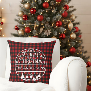 Cojín Decorativo Feliz Navidad Cuadro Rojo y Negro con Nombre Perso