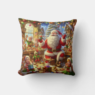 Cojín Decorativo Feliz Navidad de Papá Noel y sus duendes