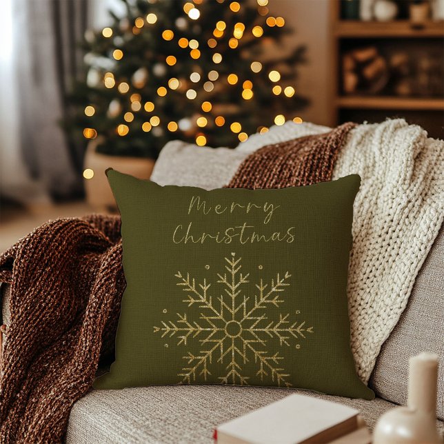 Cojín Decorativo Feliz Navidad / Dorado Snack Sage Green (Merry Christmas / Gold Snowflake Sage Green Throw Pillow)