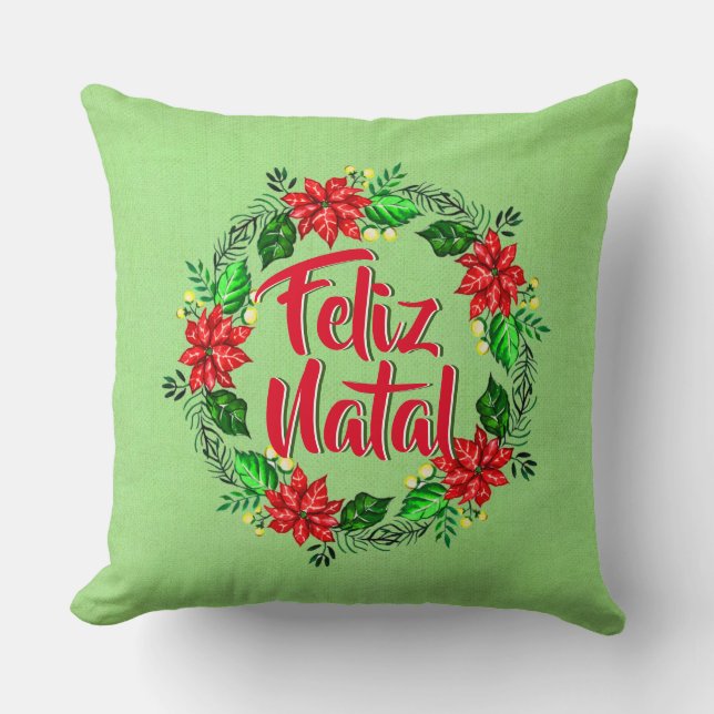 Cojín Decorativo Feliz Navidad en portugués navideña (Anverso)