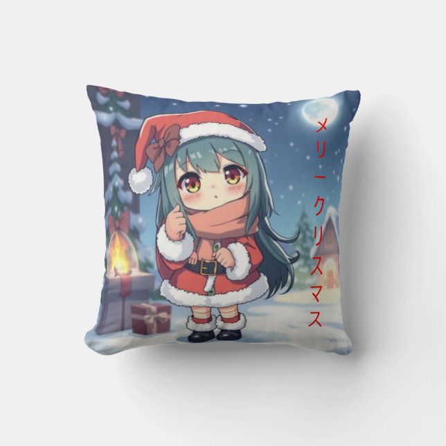 Cojín Decorativo Feliz Navidad En Un Chica De Anime Japonés (Anverso)