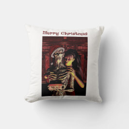 Cojín Decorativo Feliz Navidad. Esqueleto divertido con mujer