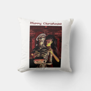 Cojín Decorativo Feliz Navidad. Esqueleto divertido con mujer