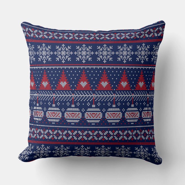 Cojín Decorativo Feliz Navidad Fairisle Knitus Patrón Rojo Azul (Anverso)